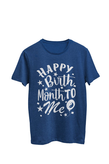 Navy Heather Unisex T-shirt with the text 'Happy Birth Month to Me,' featuring a yin yang symbol inside a birthday balloon. Designed by WooHoo Apparel.